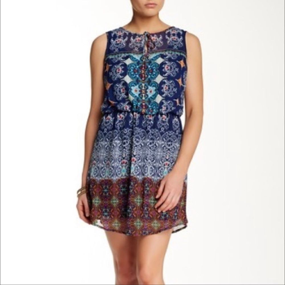 BeBop Blue & Orange Printed Chiffon Bohemian Sleeveless Midi Dress; SZ L; BNWT
